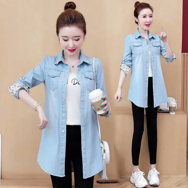 

Denim Shirt Coat Female New Spring Autumn 2025Plus Size Cowboy Jacket Mid-Length Loose Outerwear Joker Women's Overcoat Tide Top