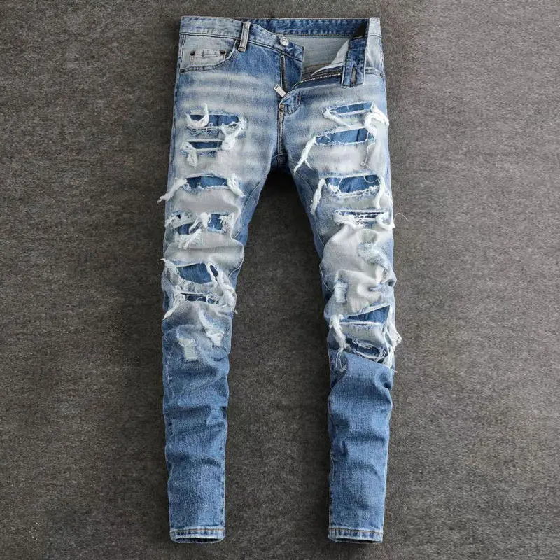 

High Street Fashion Men Jeans Retro Blue Stretch Skinny Fit Ripped Jeans Men Hole Patched Designer Hip Hop Brand Pants Hombre