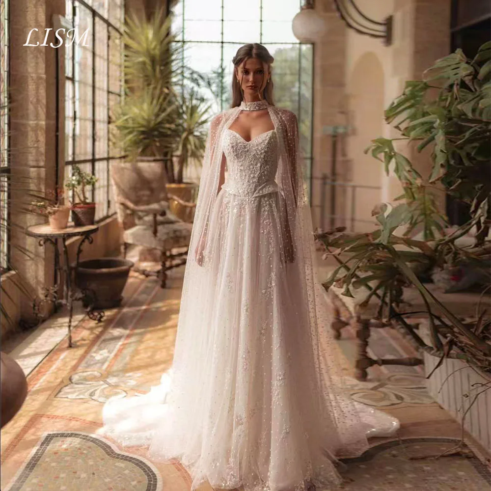 Lism Customized Exquisite Beading Wedding Dress Sweetheart with Long Cape Ivory Tulle Glitter Bridal Gown Vestido De Novia 2026
