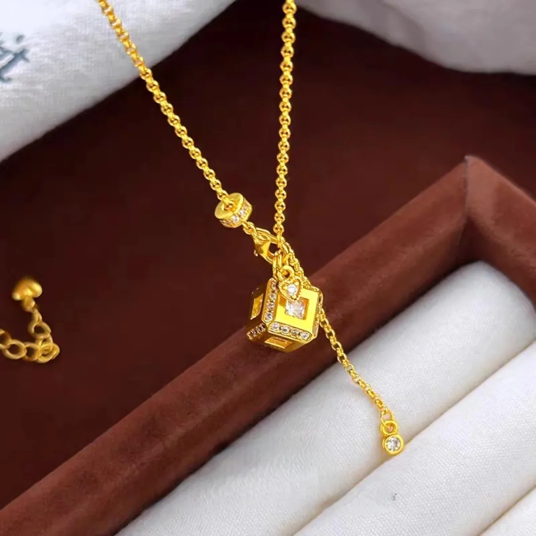 Small Square Diamond Sugar Necklace Women's 24K Gold AU999- Stackable sugar cube necklace, trendy for mix-and-match daily styles