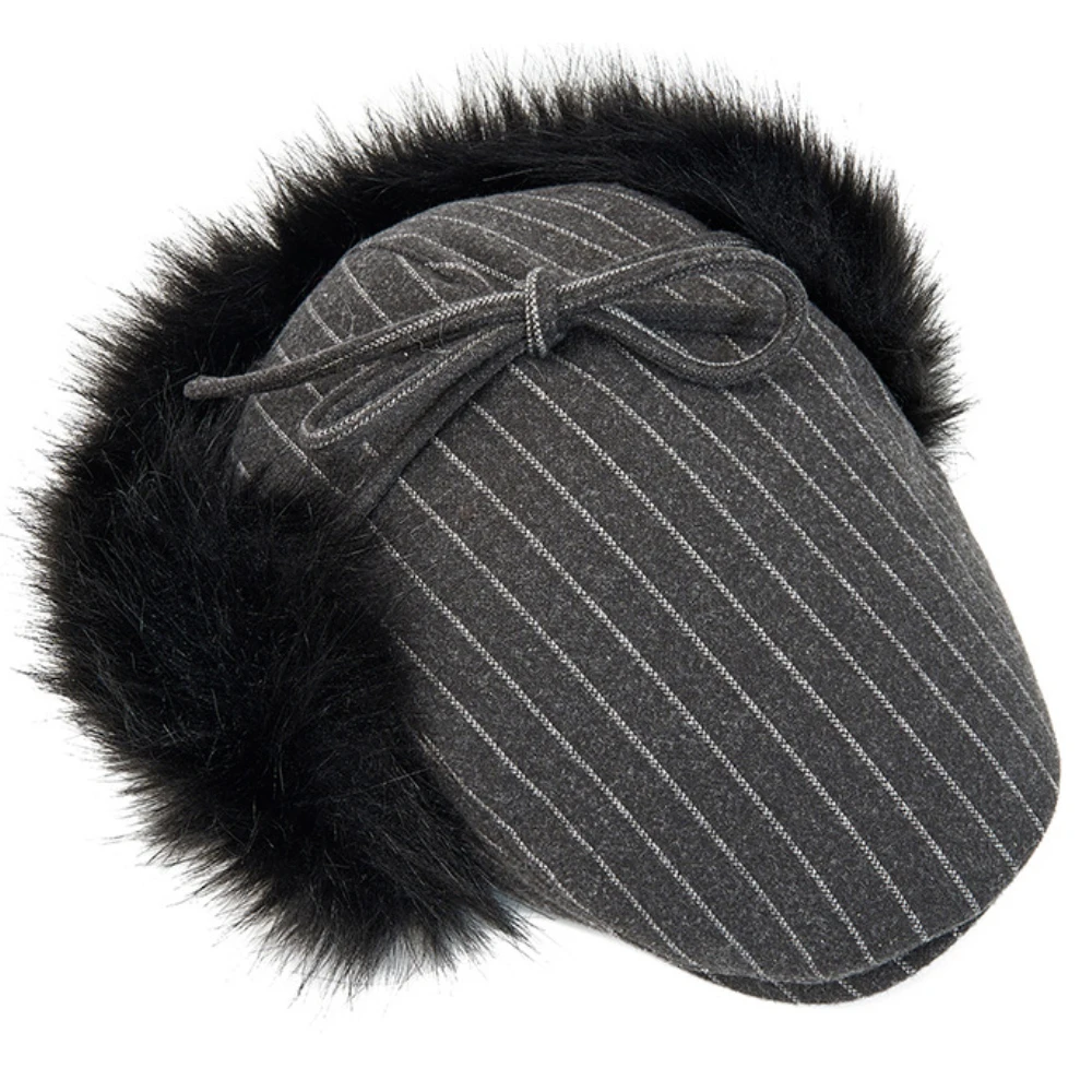 HT5024 Flat Cap New Winter Fur Hats for Men Women Vintage Striped Artist Painter Beret Hats with Ear Flaps Male Female Beret Cap