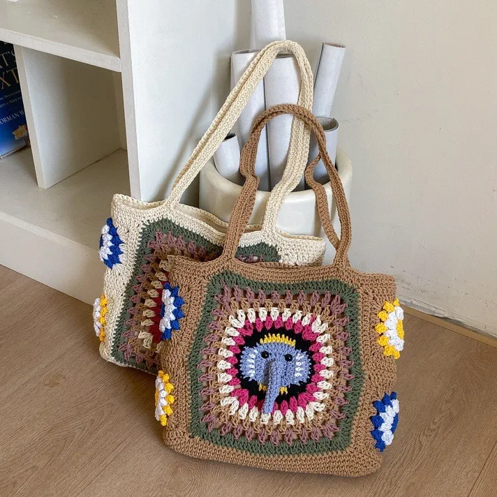 summer-beach-knitted-women's-tote-bag-handmade-crochet-grandma's-grid-casual-style-pu-material-no-brand-fashion-trend