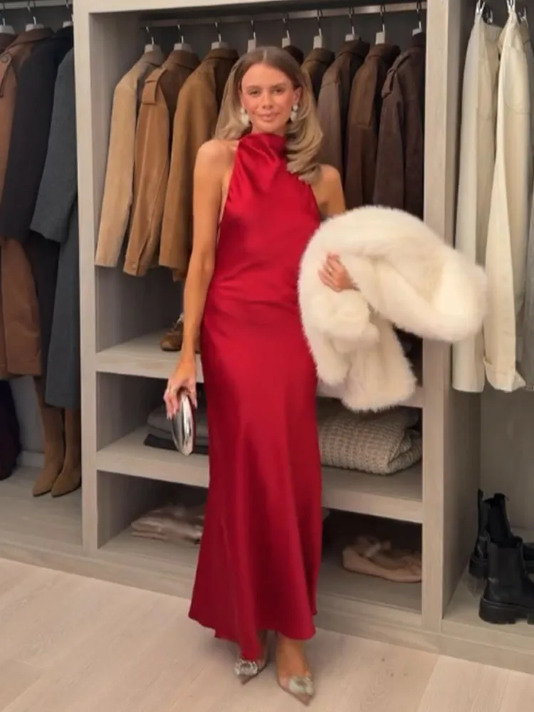 HH Frau Frühling Mode Ärmellose Sexy Backless Halter Kragen Seide Satin Textur Langes Kleid Weibliche Elegante Chic Bankett Kleid