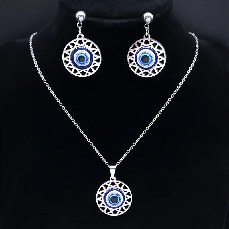 Turkey Blue Eye Chain Necklace Drop Earrings Set Stainless Steel Greek Eye Jewelry Set Christmas Gift Jewelr bijoux femme luxe