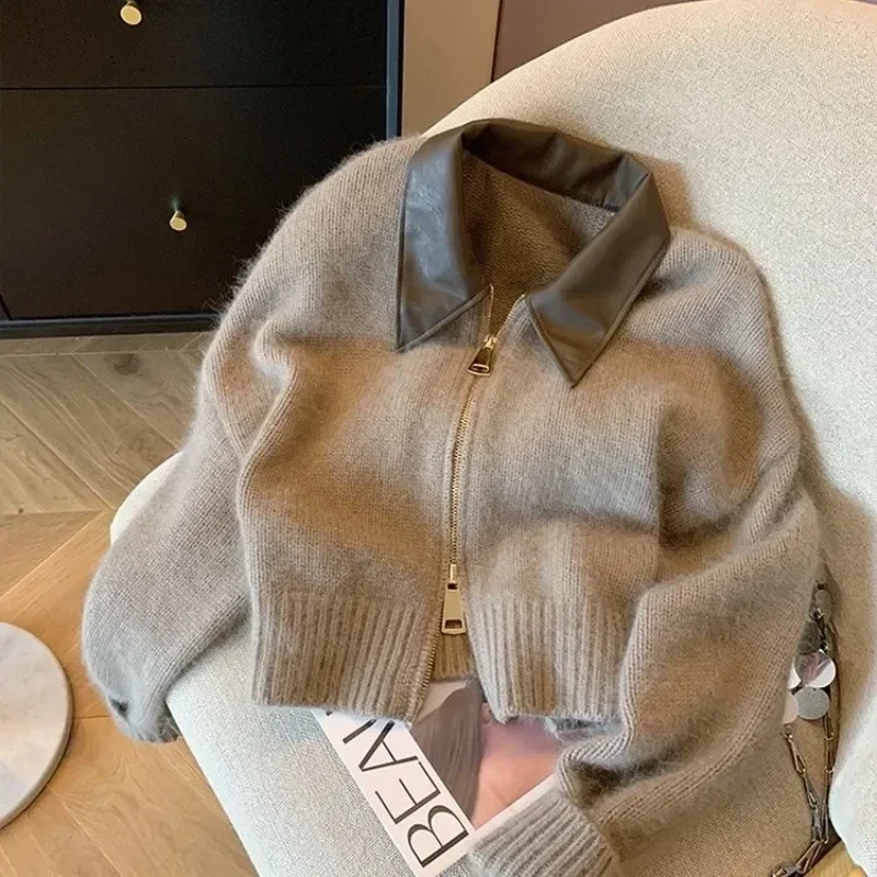 Korean POLO Collar Panel Double Zipper Knitted Coat for WomenAutumn Small Style Short Loose and Slim Sweater Zipper Cardigan Top