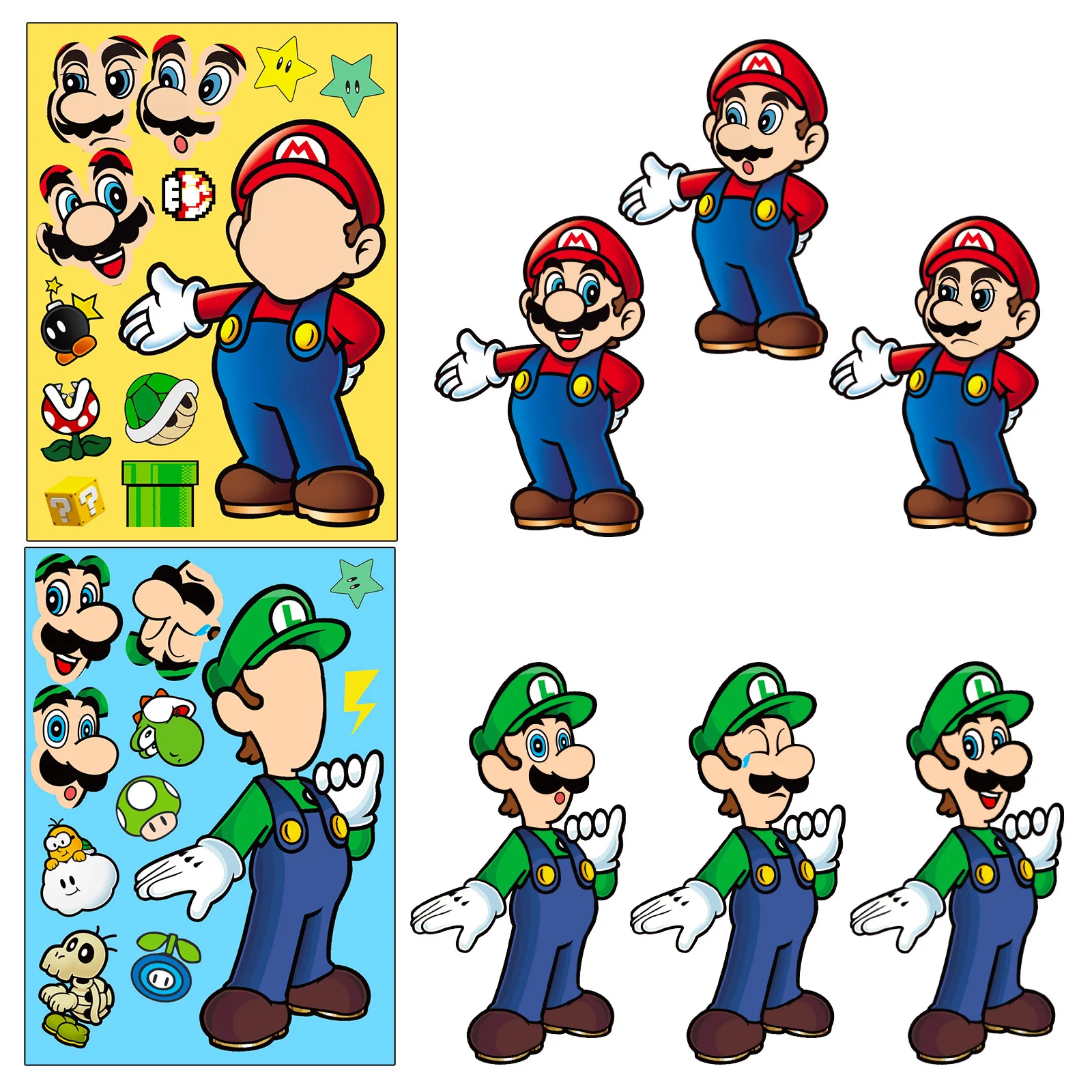 6pcs/set Super Mario Cartoon Sticker Toy Face Change Diy Puzzle Sticker Mario Action Figure Anime Peripheral Children\'s Toy Gift