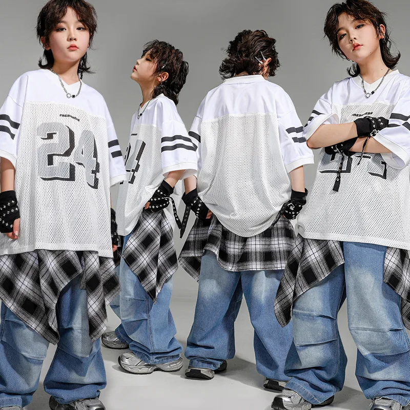 

Kid Hip Hop Clothing White Net T Shirt Top Denim Blue Casual Parachute Jeans Baggy Pants for Girl Boy Jazz Dance Costume Clothes