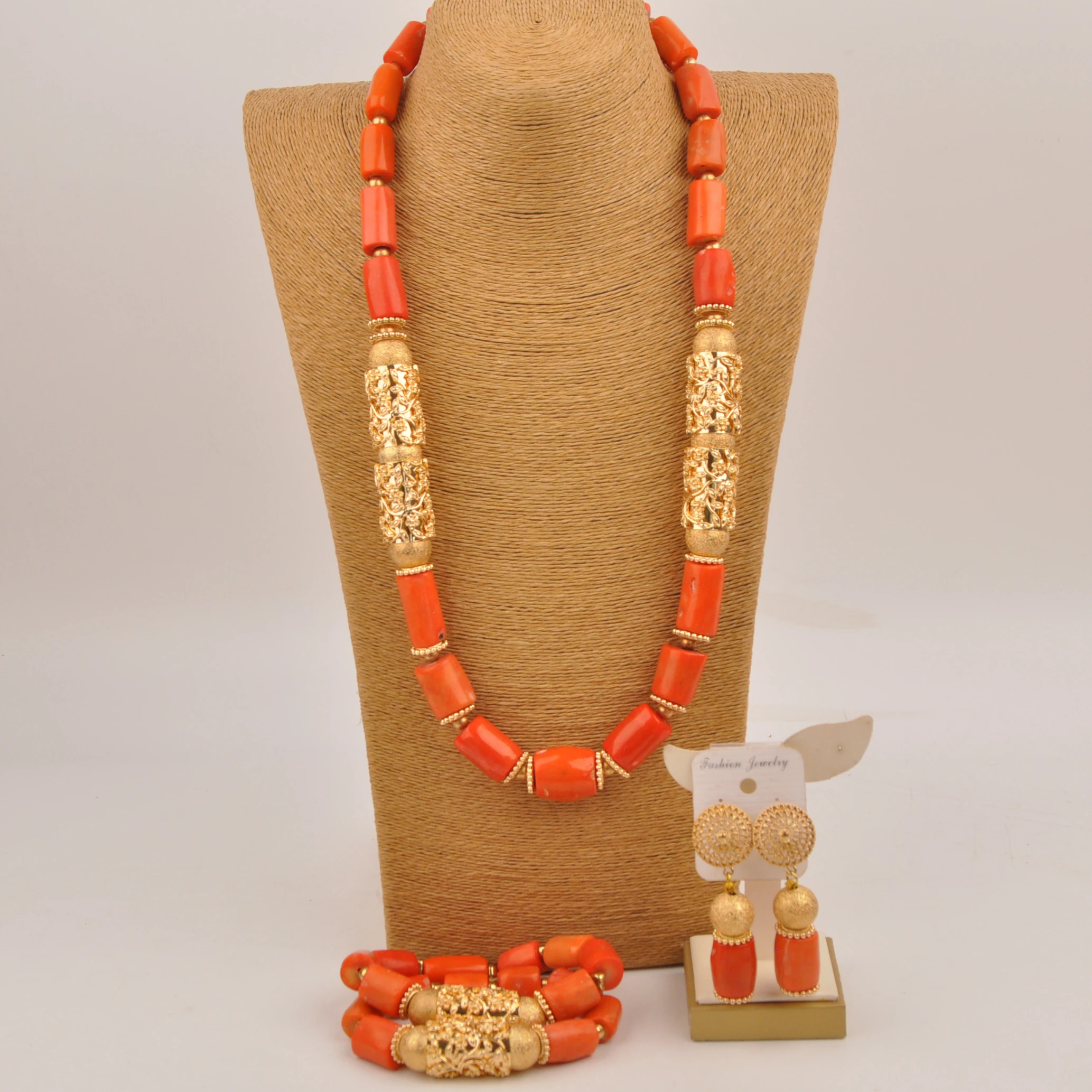 African natural Coral Bead Jewelry set Nigerian Orange gift bride