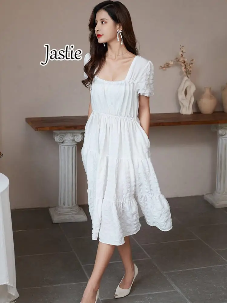 Jastie White French Midi Dresses Square Neck Short Sleeve A-Line Beach Dress 2024 Summer New Women's Dress Seaside Vacation