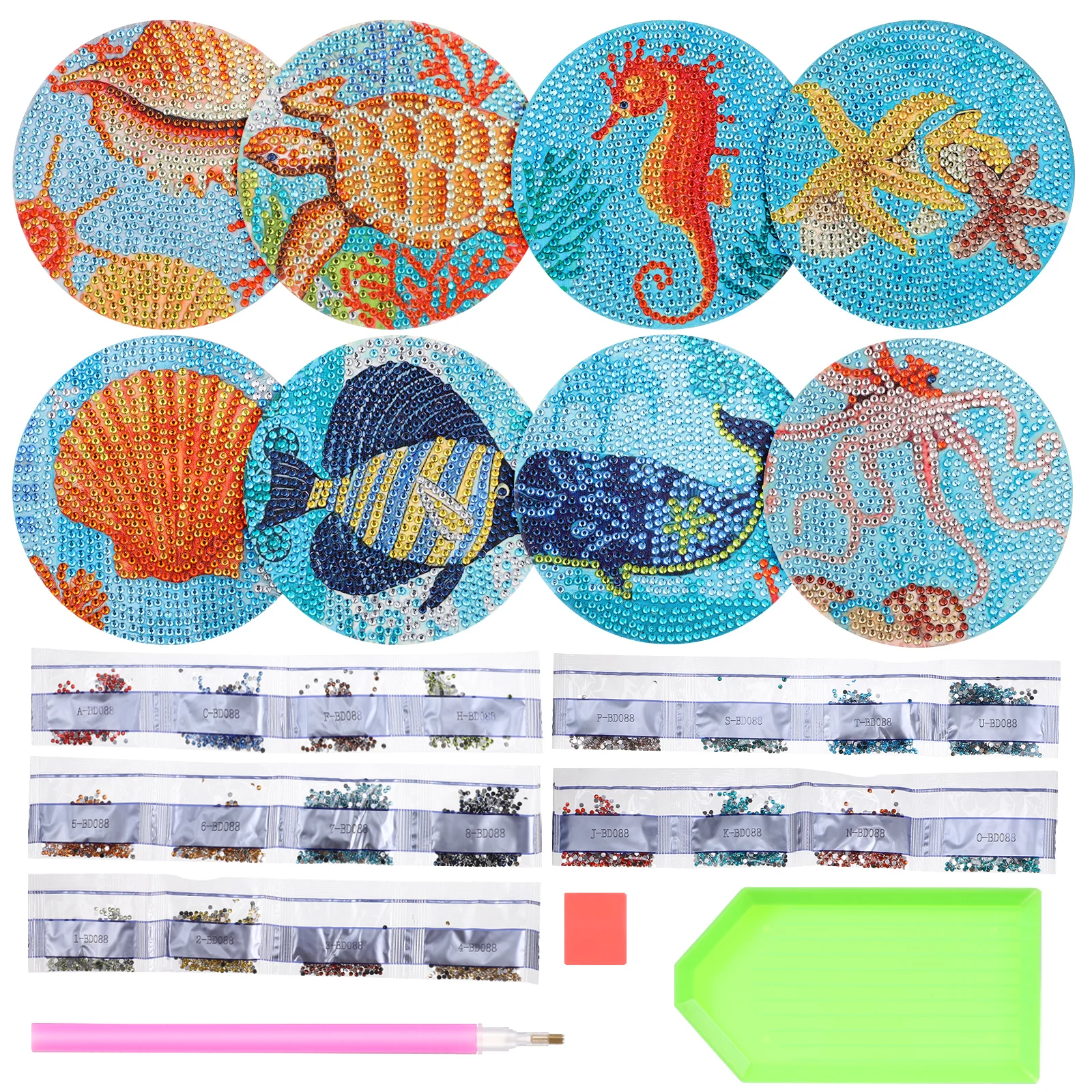 

8 Pcs Marine Life Coaster Rhinestones DIY Craft Kit Dot Wooden Table Drinks Cup Pad Diamond Dots Adults Painting