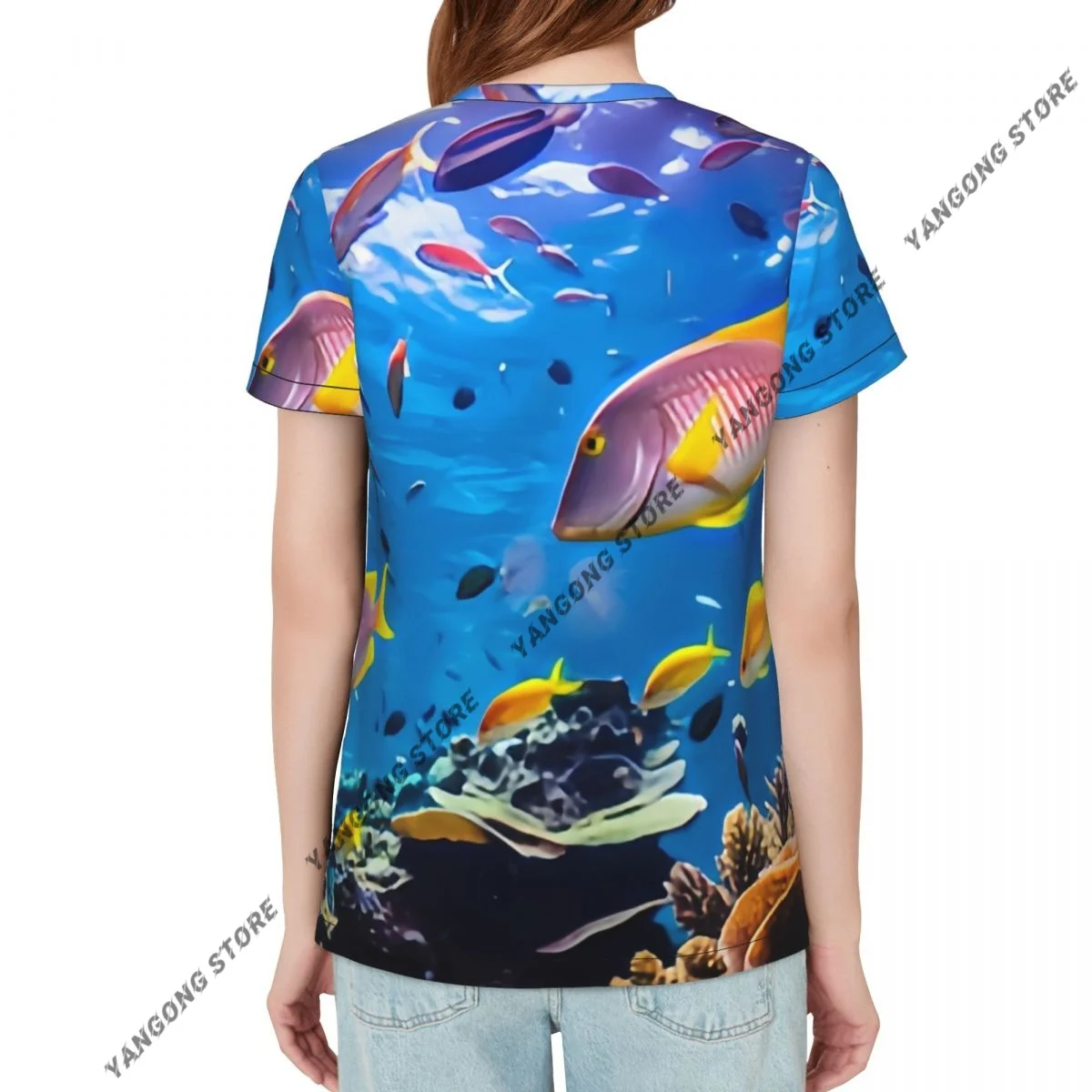 Womens Short Sleeve Colorful Tropical Fish And Corals Underwater Casual Tee Clothing Crewneck Woman T-Shirts