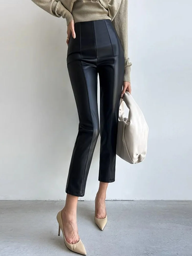 PU Autumn Winter Leather Pencil Pant Women Bodycon Fashion Office High Waist Ladies Trousers Casual Woman Pants