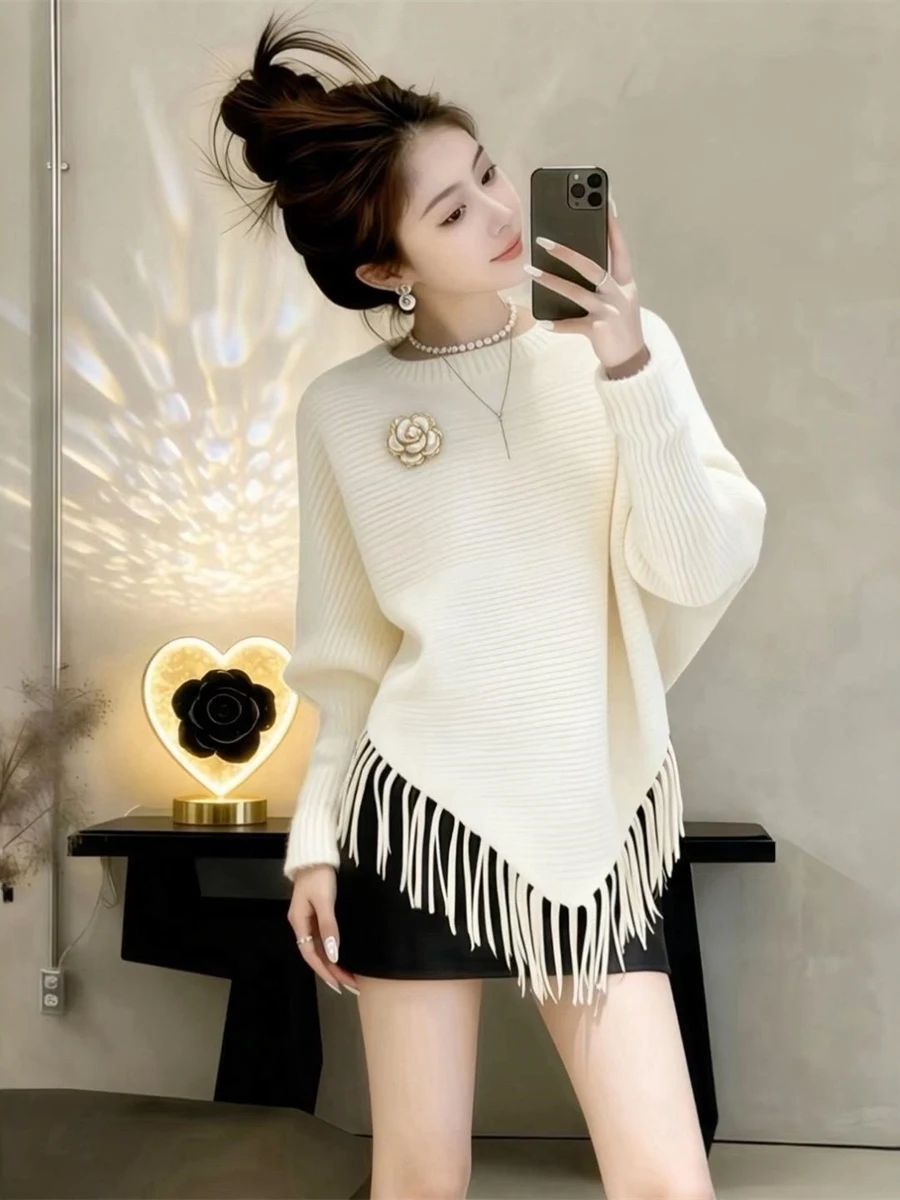 

Ladies' Lazy Sle Fringed Knitwear Winter New Loose Personali Match Sweater Top Trend Soft Long Sve round Ne Knitted ...