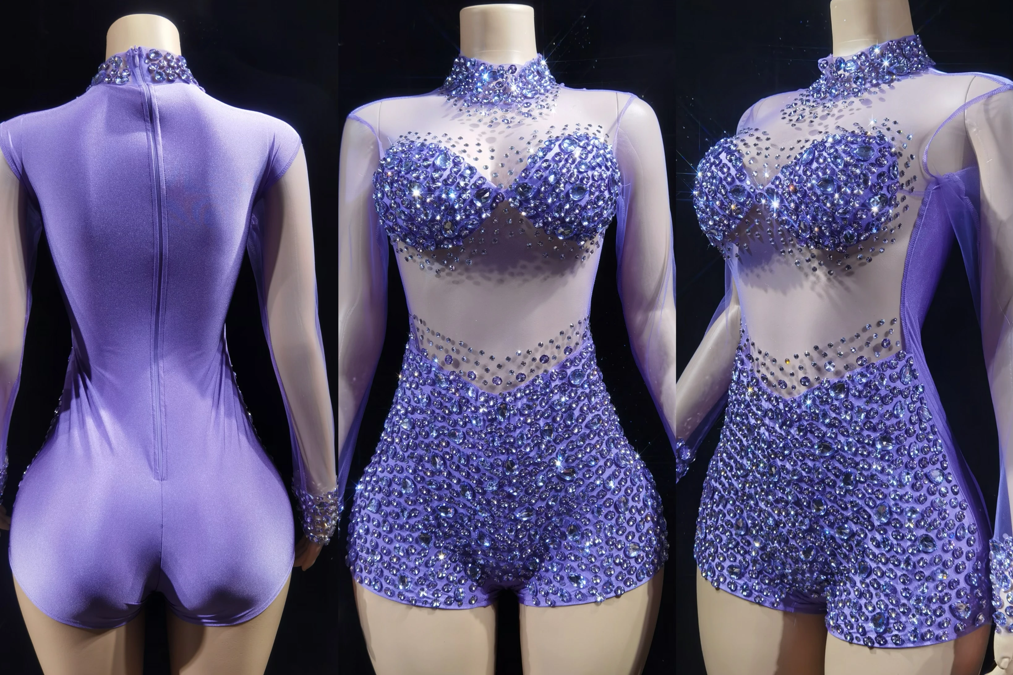 

Sparkly Crystals Leotard Sexy See ThroughCrystal Bodvsuit Dance Costume WomenNightclub Party Birthday Outfit Show StageWear