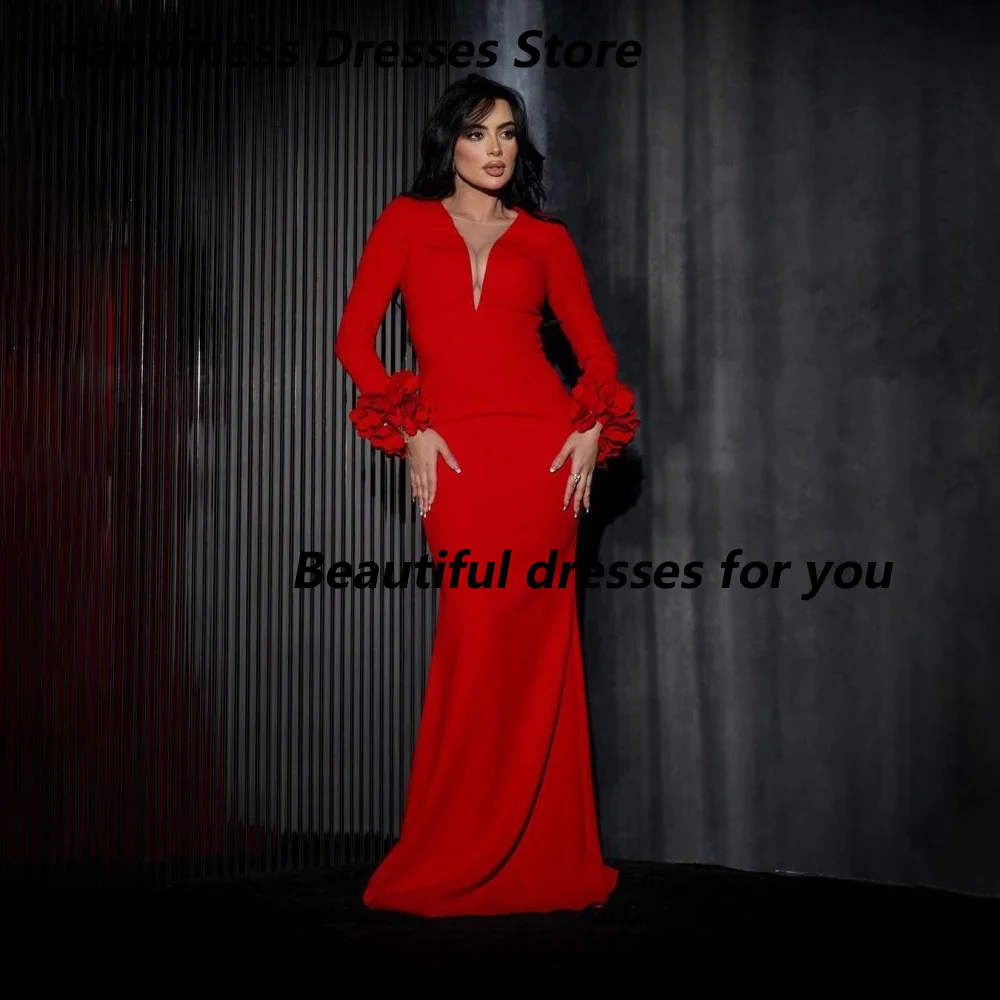 

Red Evening Dress Customized Long Sleeves V Neck Floor Length Jersey Saudi Arab Prom Gown Arabian Formal Dresses