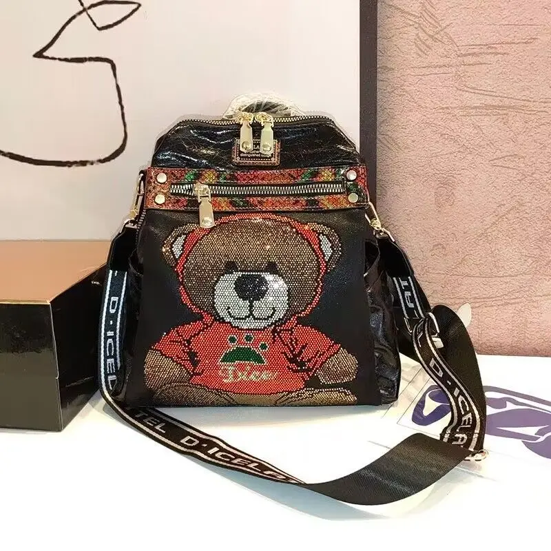 2024 New Fashion Women\'s Backpack Colorful Diamonds Cute Bear Luxury Bagpack Female Large Capacity Brand Shoulder Bag Schoolbag