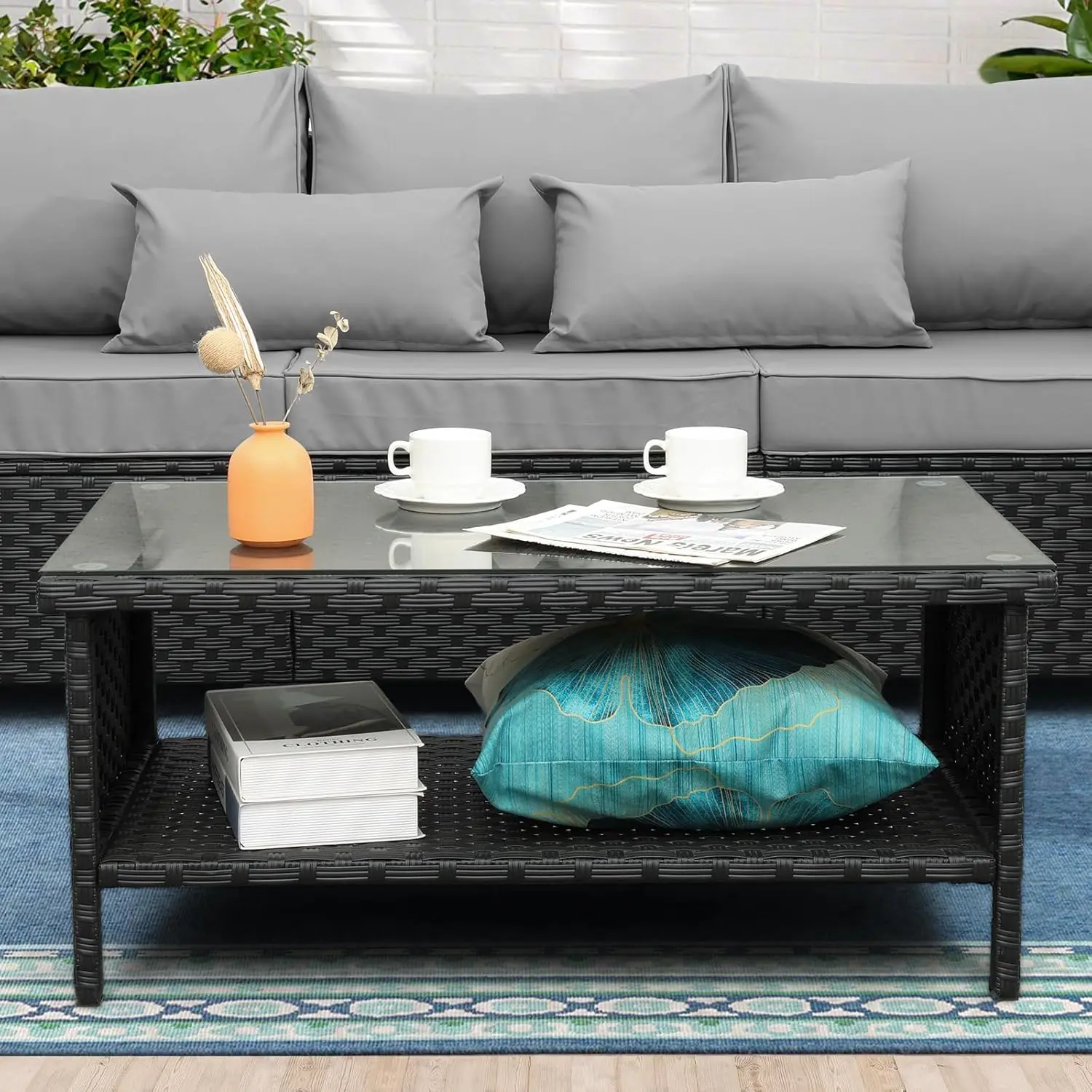 Outdoor Wicker Coffee Table Patio Furniture Garden Rattan 2-Layer Glass Table with Storage and Furniture Cover, Black