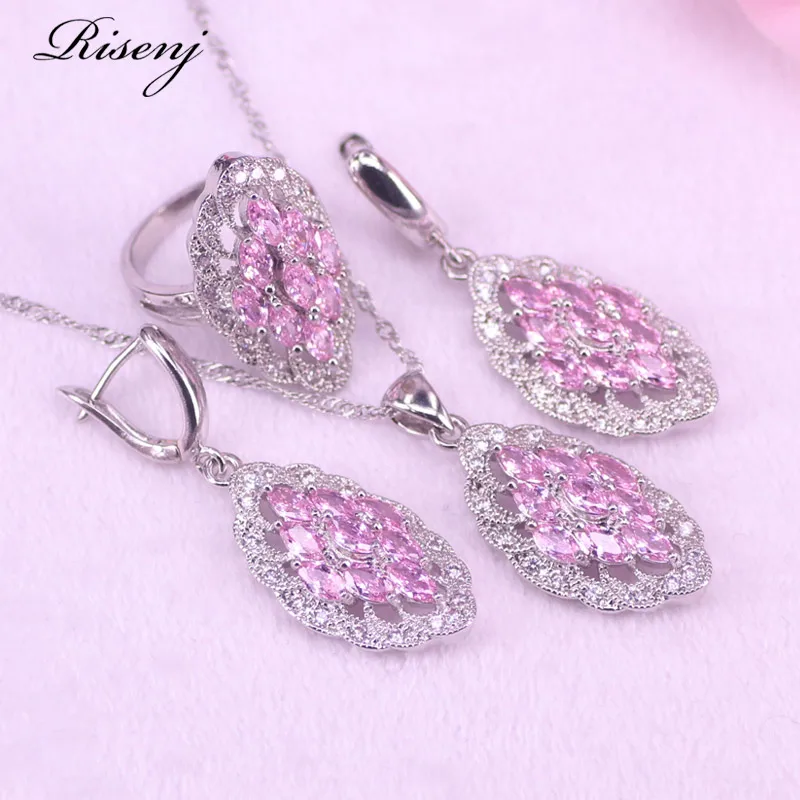 wa ,Amazing Style,925 Mark Princess Pink Silver Color Costume Jewelry For Women Ring Necklace Earrings Bracelet Set