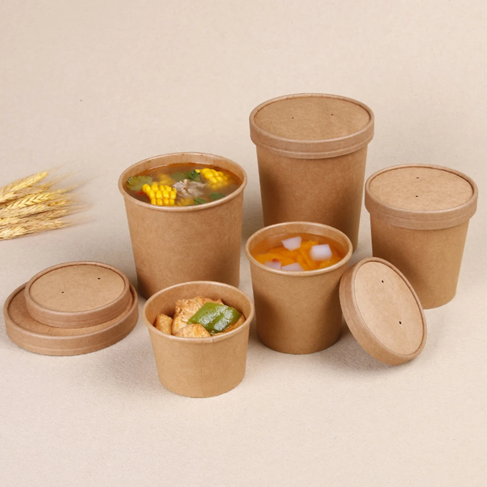 

50 pcs 12 Oz Kraft Paper Soup Cup Thickened Oil-Proof Disposable Food Container Leakproof Sturdy Freezer-Safe For Take-Out