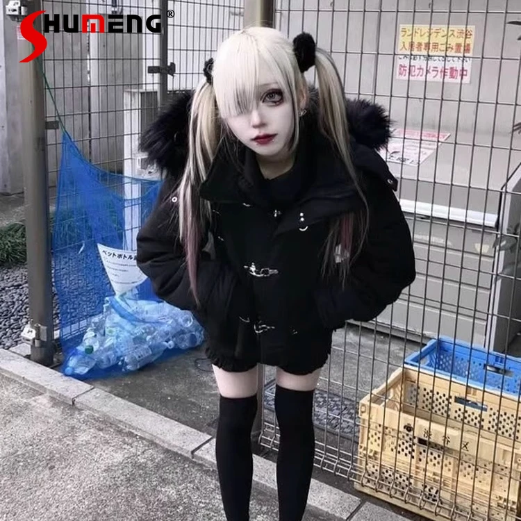 ثقافة فرعية القوطية الأسود الداكن السراويل سترات شتاء جديد 2025 الفتيات الحلو كول موضة الشرير نمط زر معدني معطف مقنع سترة #1