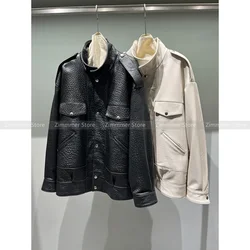 Motorbike leather jacket coat autumn and winter American retro senior sense of temperament loose stand-up collar jacket tops