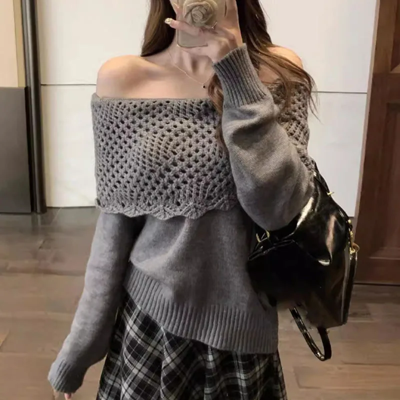 

Knitted Sweater Women Pullovers New Long Sleeve Slash Neck White Knit Sweater Pullover Women Tops Sweaters Women Clothing Q1444