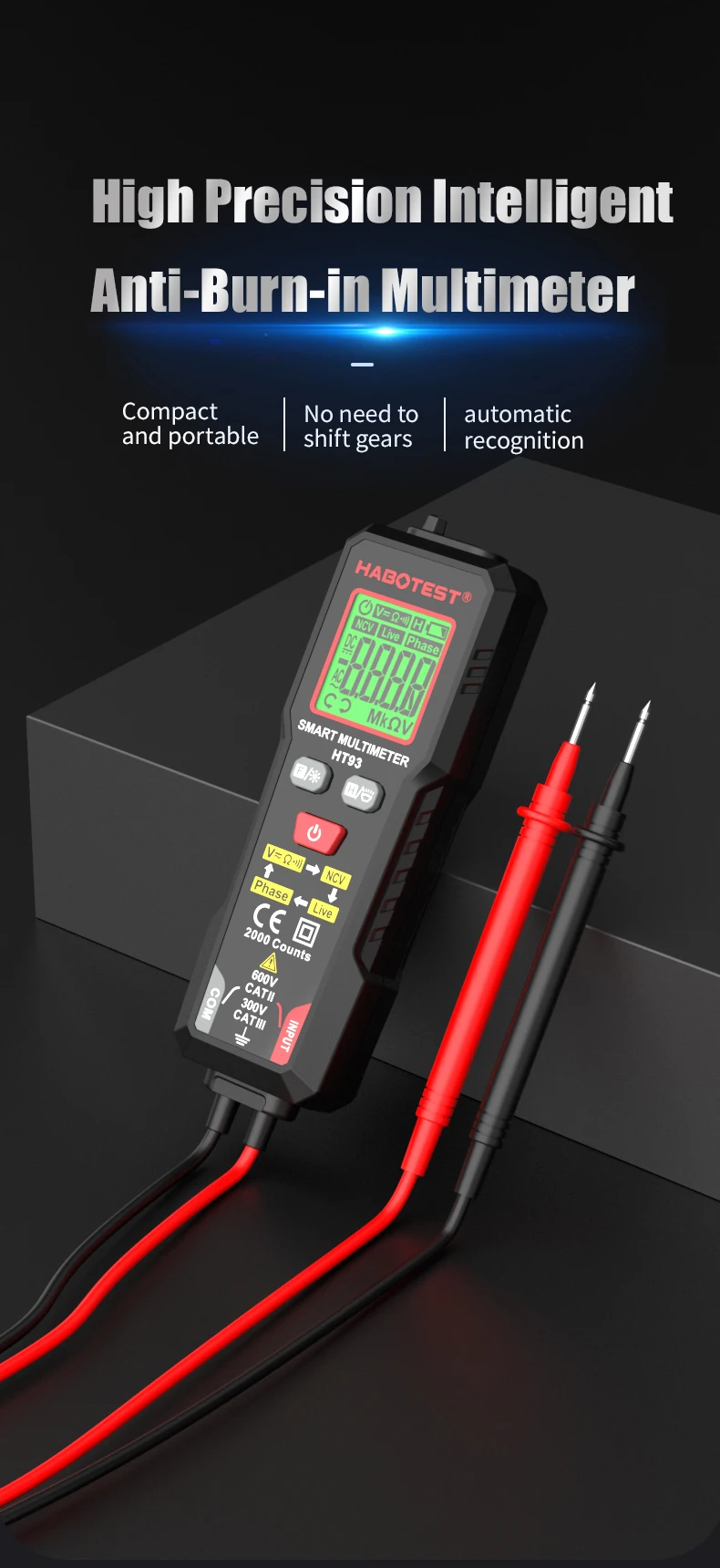 HABOTEST DC Voltage Tester Detector Multimeter 2000 Display Non-Contact Electric Pen Dual Range Live Wire Test Ohm Hz NCV Meter