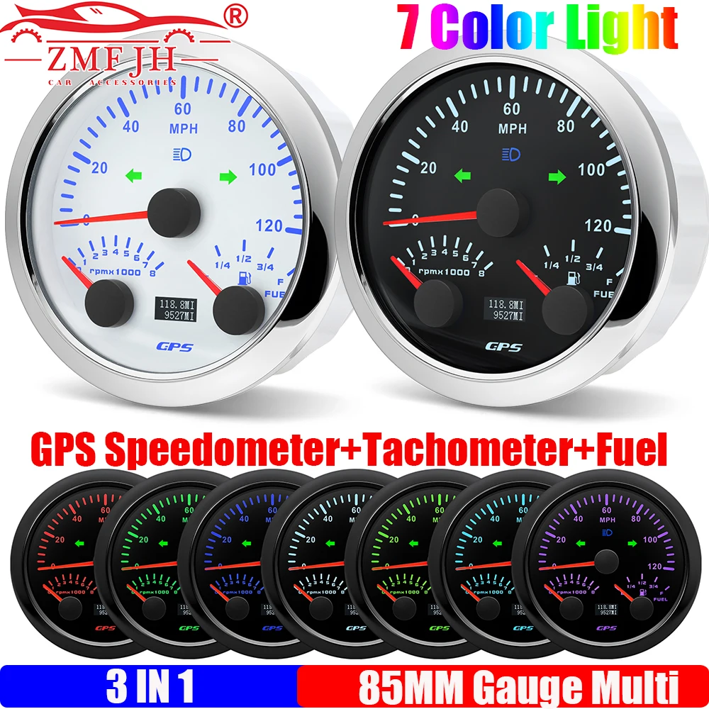 

ZMFJH Car Boat Multifunctional 85MM GPS Speedometer+Tachometer+Fuel Level Meter with High Beam Turn Light 7 Color 120MPH,8000RPM