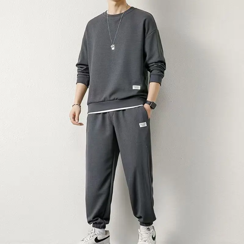 2024 New Summer Men\'s Fashion Brand Leisure Sports Set Round Neck Loose Long Sleeve Pants Wafers Two Piece Sports Jogging Set