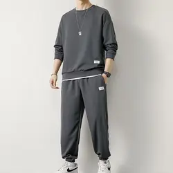 2024 New Summer Men's Fashion Brand Leisure Sports Set Round Neck Loose Long Sleeve Pants Wafers Two Piece Sports Jogging Set