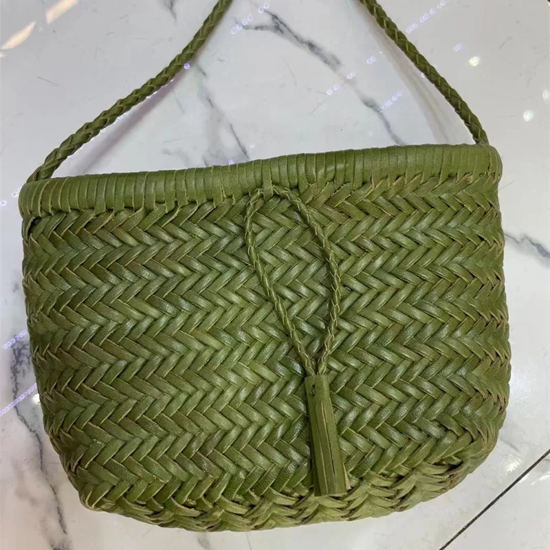 New launch olive green cowhide fringe woven new women\'s bagging high quality classic portable woven shoulder bag