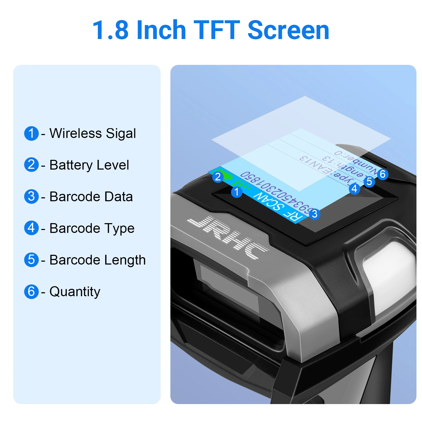 JRHC Wireless Barcode Scanner 1D Laser Handheld Barcode Reader with Display 2.4G Bluetooth Wireless USB Connection Plug & Play