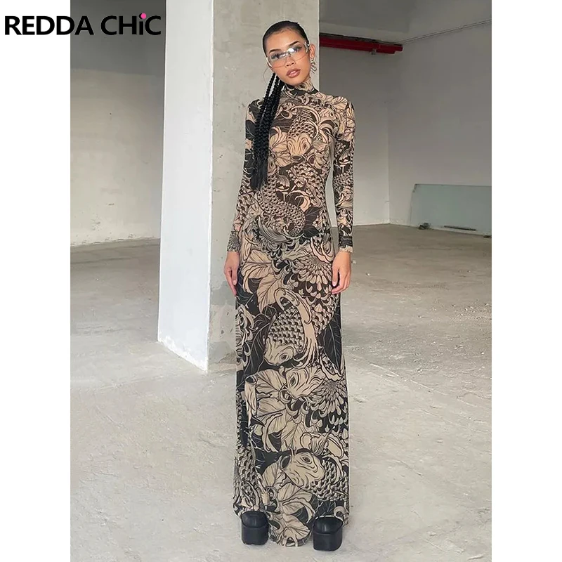 ReddaChic Y2k Letnia Sukienka z Siateczki Sexy Prześwitująca Dekolt typu Mock Długi Rękaw Cała w Nadruki Maxi Sukienka Bodycon Wieczorowa Suknia Damska