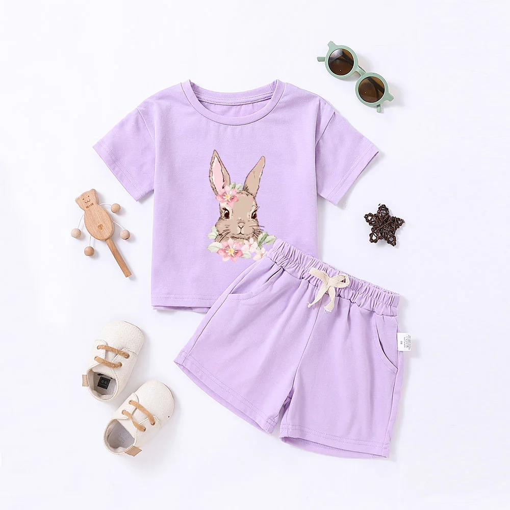 Hot Selling Children\'s Printed Summer Set Cute Rabbit Baby Boy And Girl Summer Clothing Children\'s Pure Cotton T-shirt Set