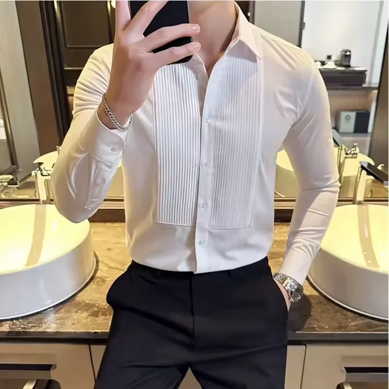 Men's Pleated Tuxedo Wedding Groom Dress Shirt Slim Fit Formal Business Long Sleeve Tailcoat Party Social High Quality Shirt