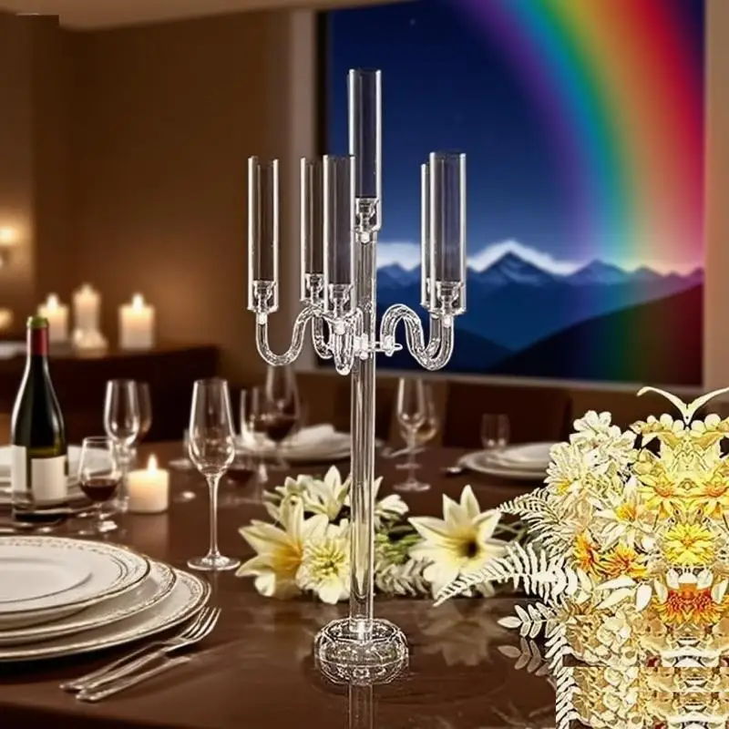 6 Arms Clear Candlestick Ornaments European Five-head Candlestick Hurricane Candle Holder Acrylic Handicraft Candle Holder
