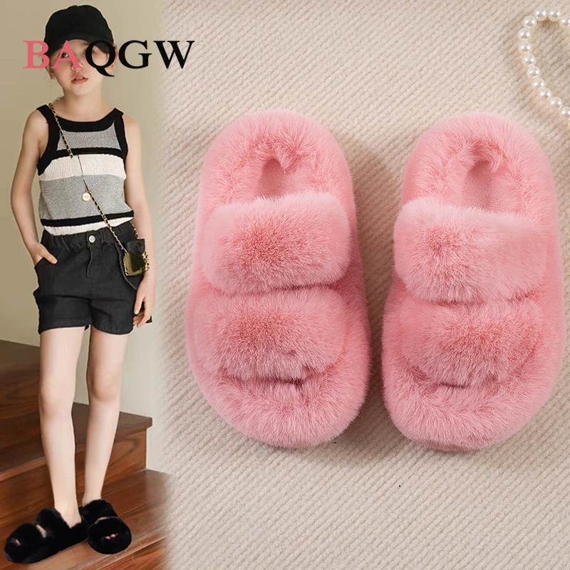 Winter Children Girls House Furry Slippers Fashion Faux Fur Warm Shoes Slip on Flats Baby Girls Home Slides Black Plush Indoor