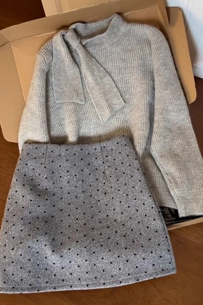 

Womens New Tweed Style Outfit Dress Spring Winter Grey Inner Layer Set with Polka Dot Mini Skirt Fashion