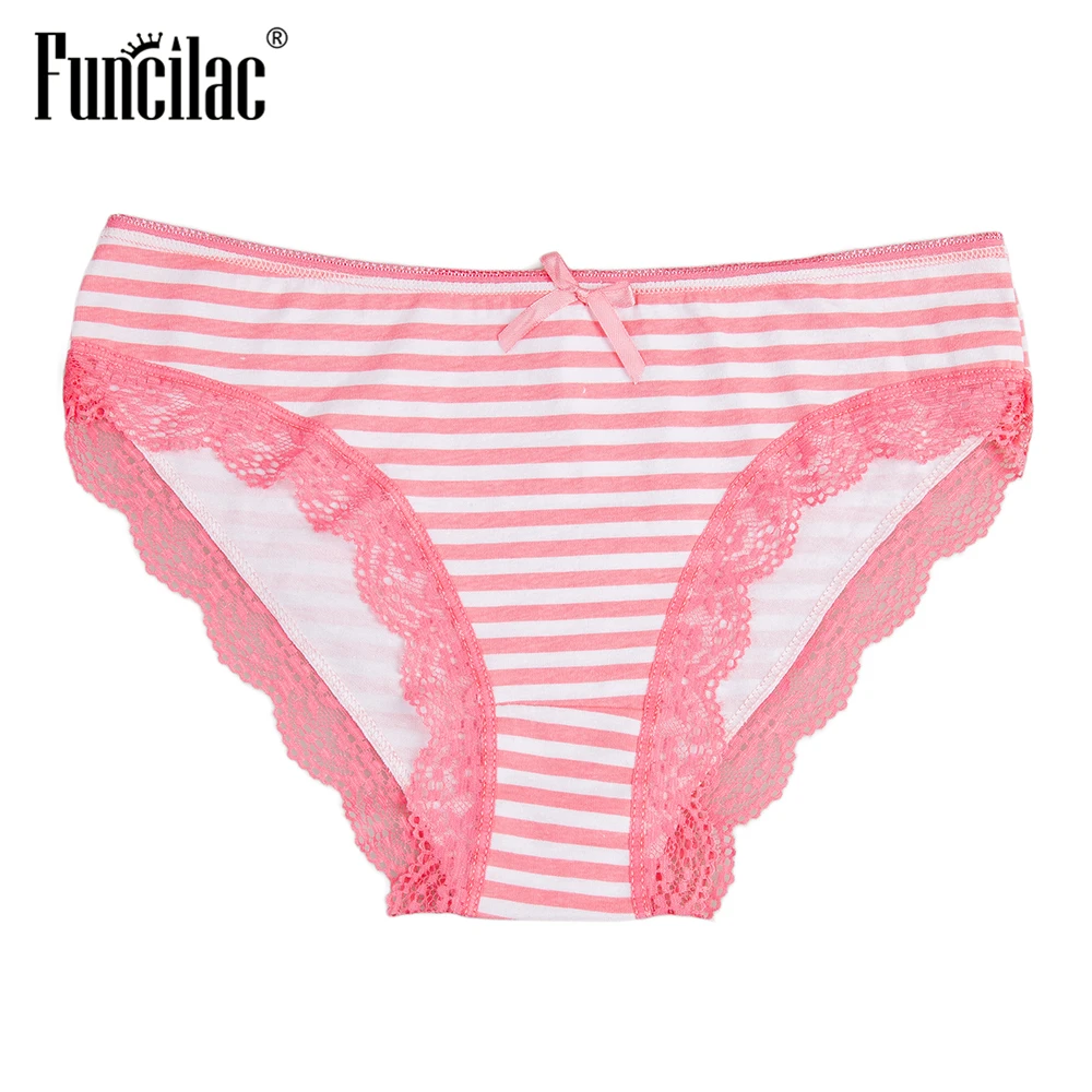 Underwear Women Cotton Ladies Panties Sexy Lace Striped Briefs Simple Pink Calcinha Plus Size Lingerie  3 pcs/set