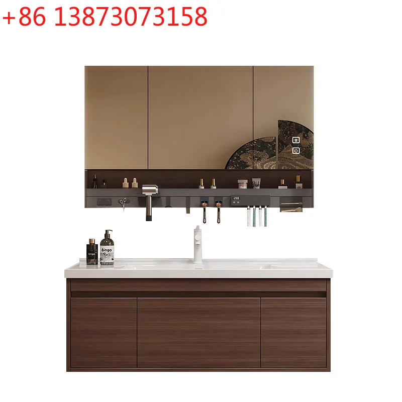 Walnut-colored ceramic integrated basin, bathroom cabinet combination, washbasin, hand and face basin, multi-functional rack, mi