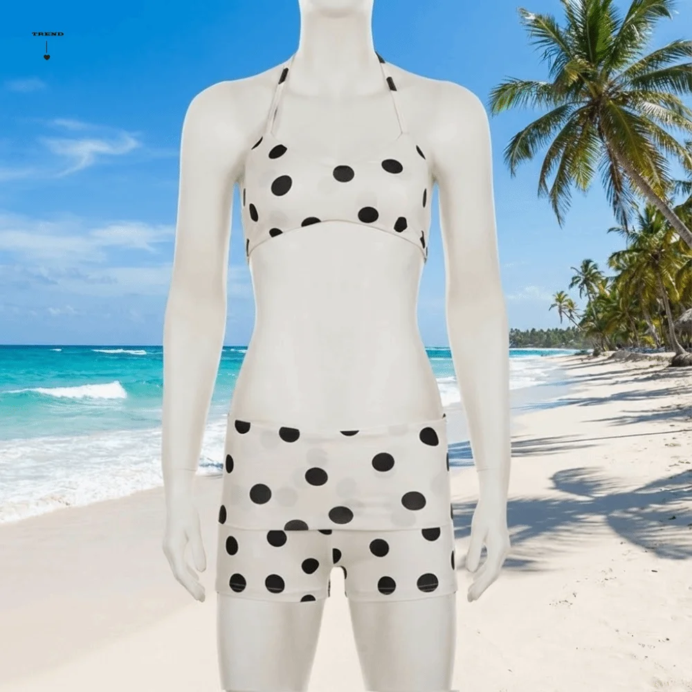 

Fashion Halter Neck Sling Bikini Suit Boxer Shorts Ruffled Swimwear Set Lace Up Slim Fit Polka Dot Swimsuit Vacation