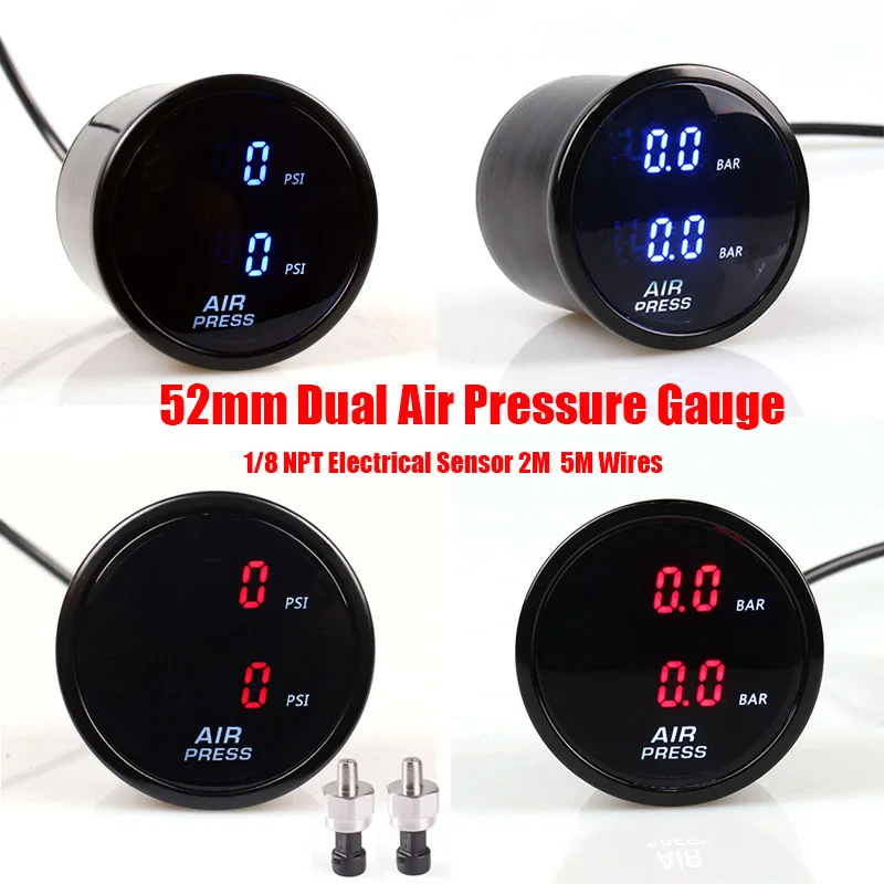 52mm Dual Air Pressure Gauge Air Suspension Air Ride Meter with Red/Blue LED 2pcs 1/8 NPT Electrical Sensor for Vehicle Use