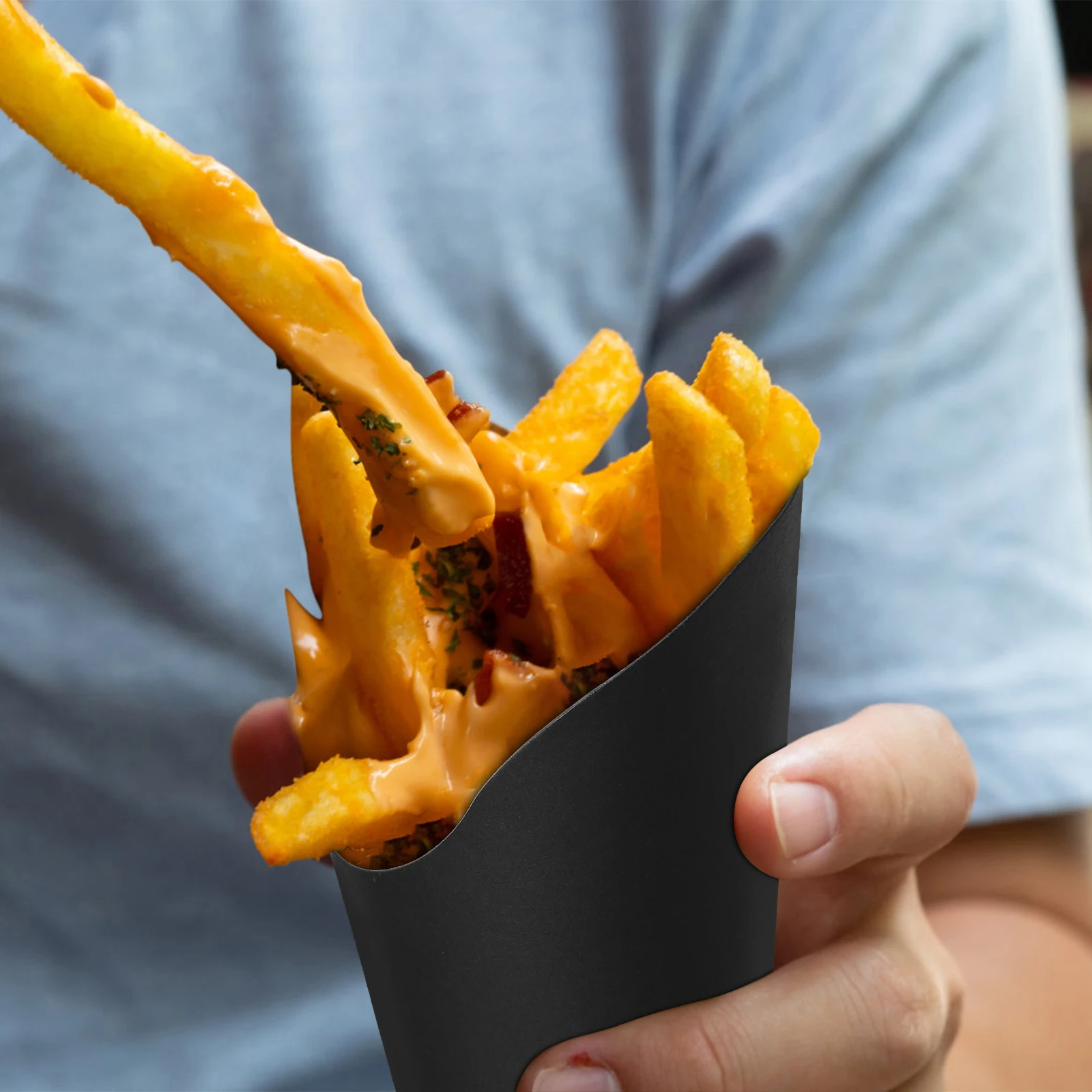 

100 Pcs Black Slanted Cup Fry Holder Cups Paper French Holders Snack Fries Charcuterie Delicatessen Dessert Snack Holders