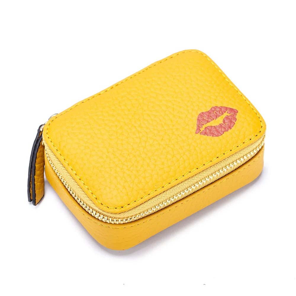 A888 Lip Print Pattern First Layer Cow Leather Mirror Inside Small Cosmetic Make Up Bag Zipper Open Style Lipsticks Holders