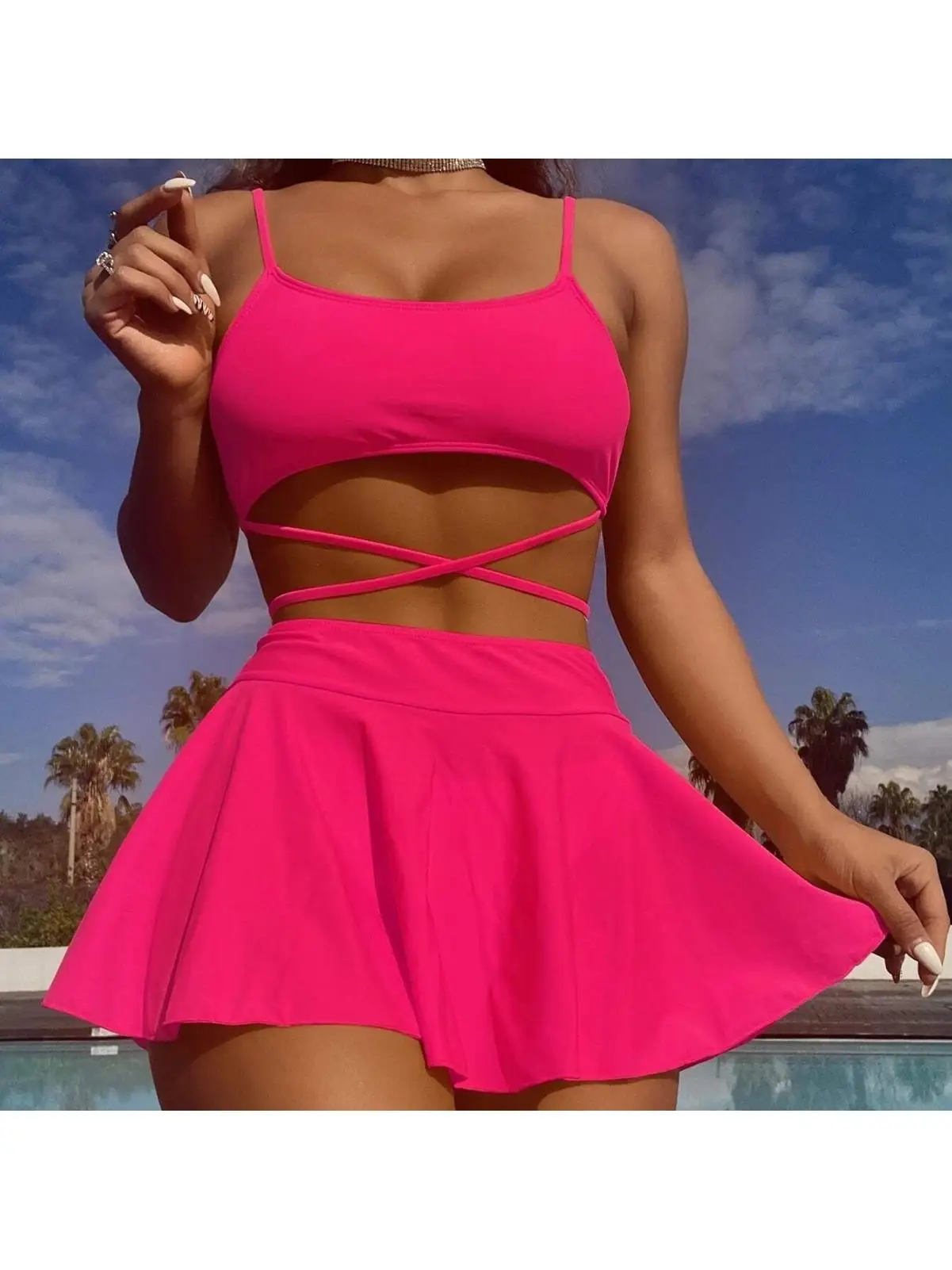 

Pure Color Skirted Tee-piece Bikini Double Strap Swimming Suit Sport Fitn Yoga Fan Goods Polyester Material Bikini