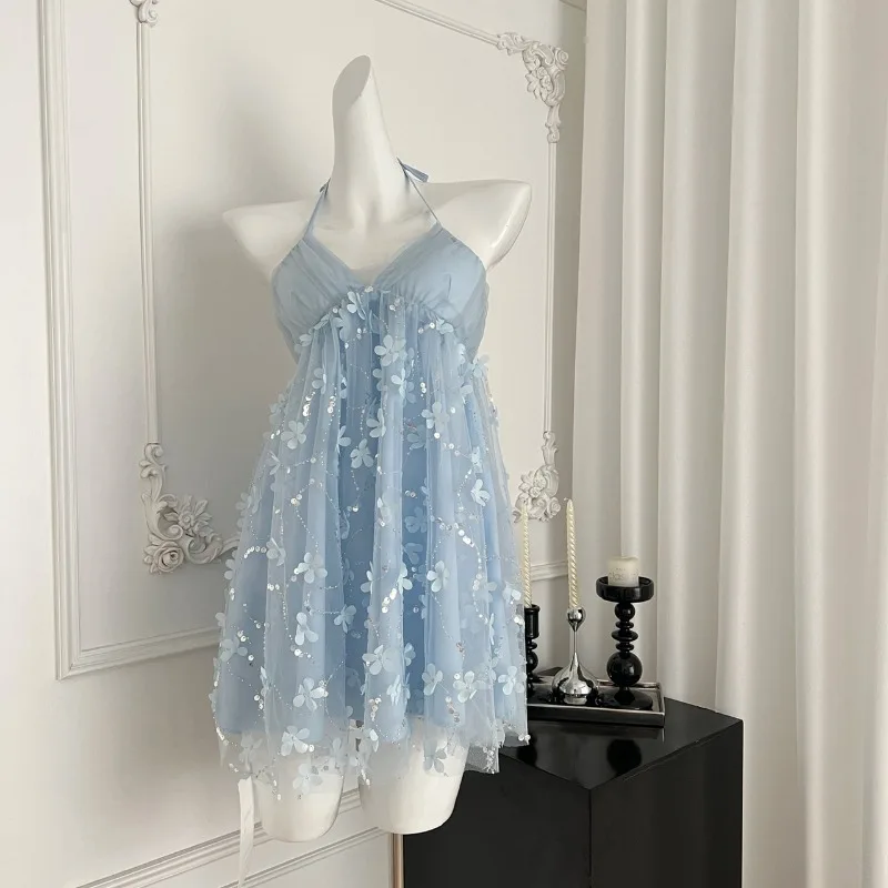 

Hot Girl 3D Flower Halter Neck Dress for Women's Summer Pure Sexy Vacation Style A-line Short Strap Dress Fashion Female Clothes