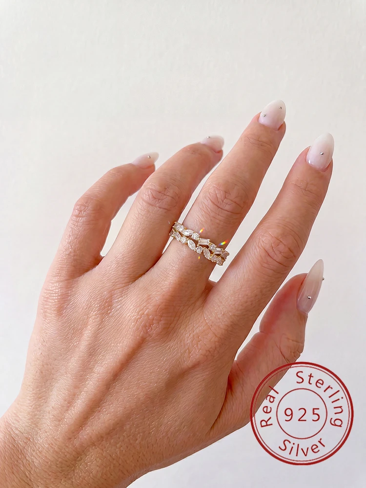 Wunderschöner Rechteckiger Marquise-Rund-Zirkon-Doppelring für Damen aus 925 Sterling Silber, Verlobungs- und Hochzeitsschmuck von hoher Qualität. – Detail 1