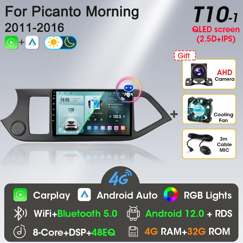 2 Din Android 12 Autoradio Carplay voor KIA PICANTO Ochtend 2 2011 2012 2013 2014 2015 2016 Multimedia Speler navigatie DVD Hoofd