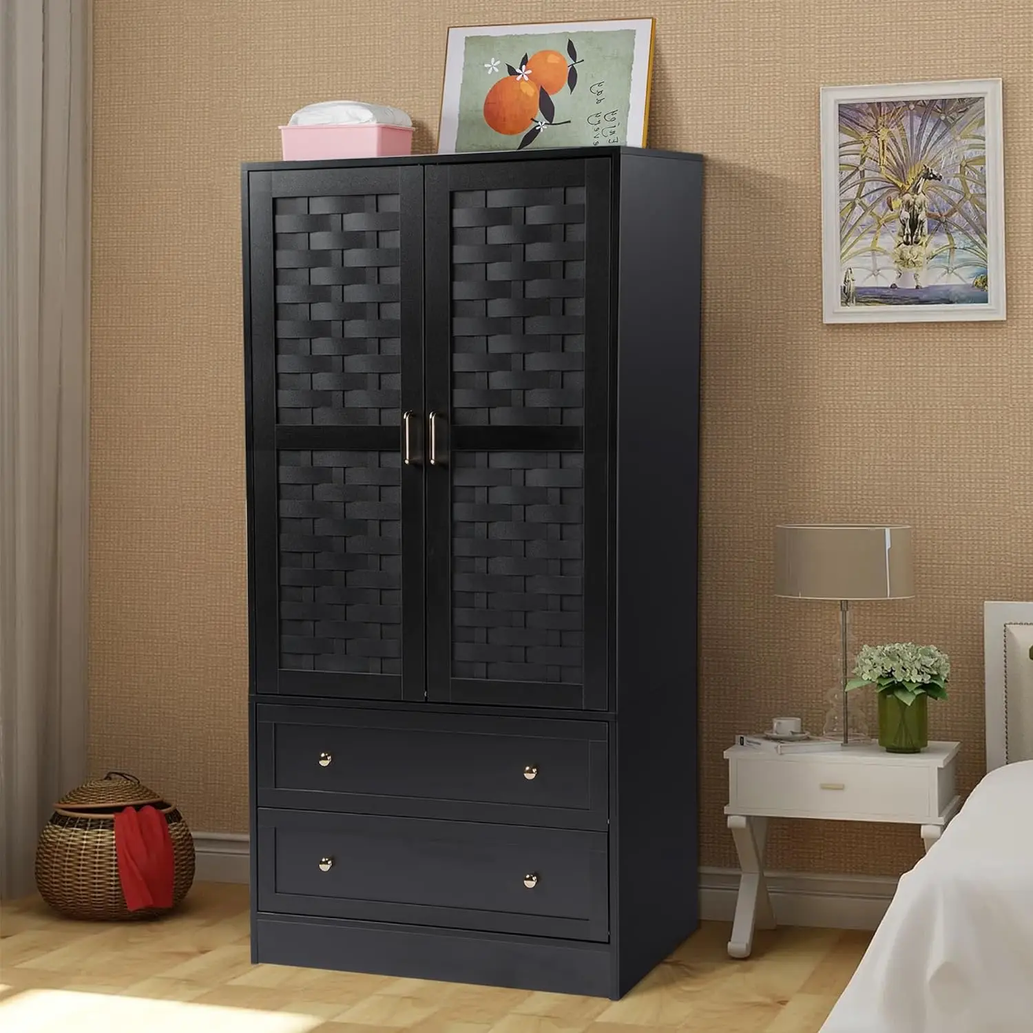 Wardrobe Closet, Freestanding Closet Wardrobe Cabinet with Wide Drawers & Hanging Rod, Armoire for Bedroom, Kids' Room, Dorm