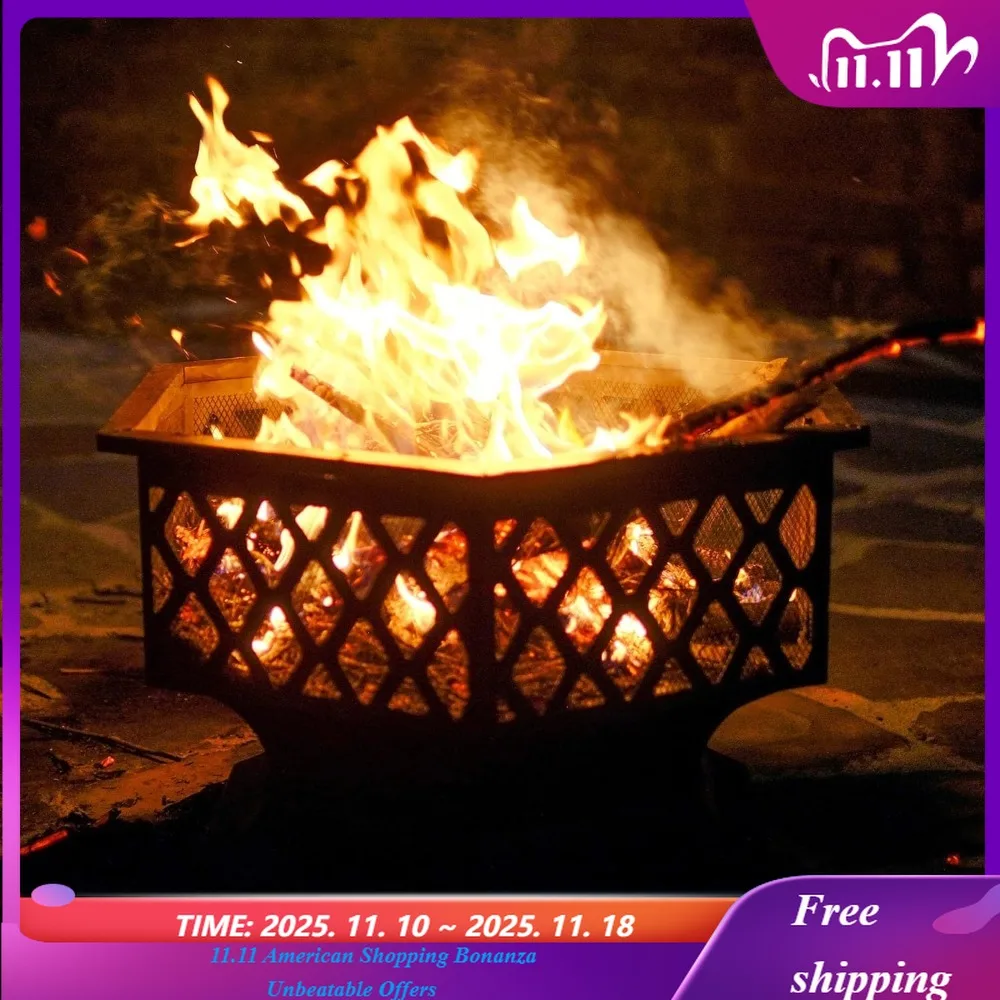 

Hex Shaped Fire Bowl - Large Wood Burning Outdoor Fire Pit with Spark Screen & Poker for Bonfire, Picnic, Customized